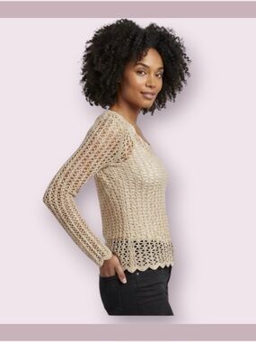 Croquet Club Silk Crochet Beige Long Sleeve Top